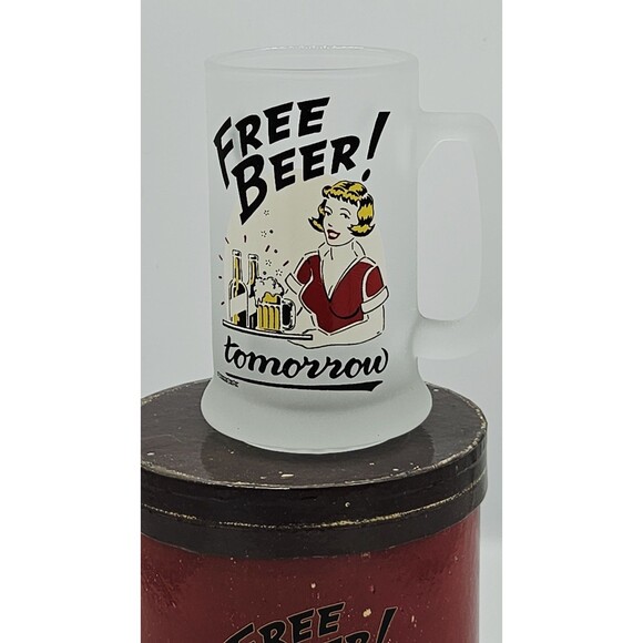 Vtg Santa Barbara Free Beer! Tomorrow 14 Oz Frosted Glass Mug With Box - Picture 3 of 9